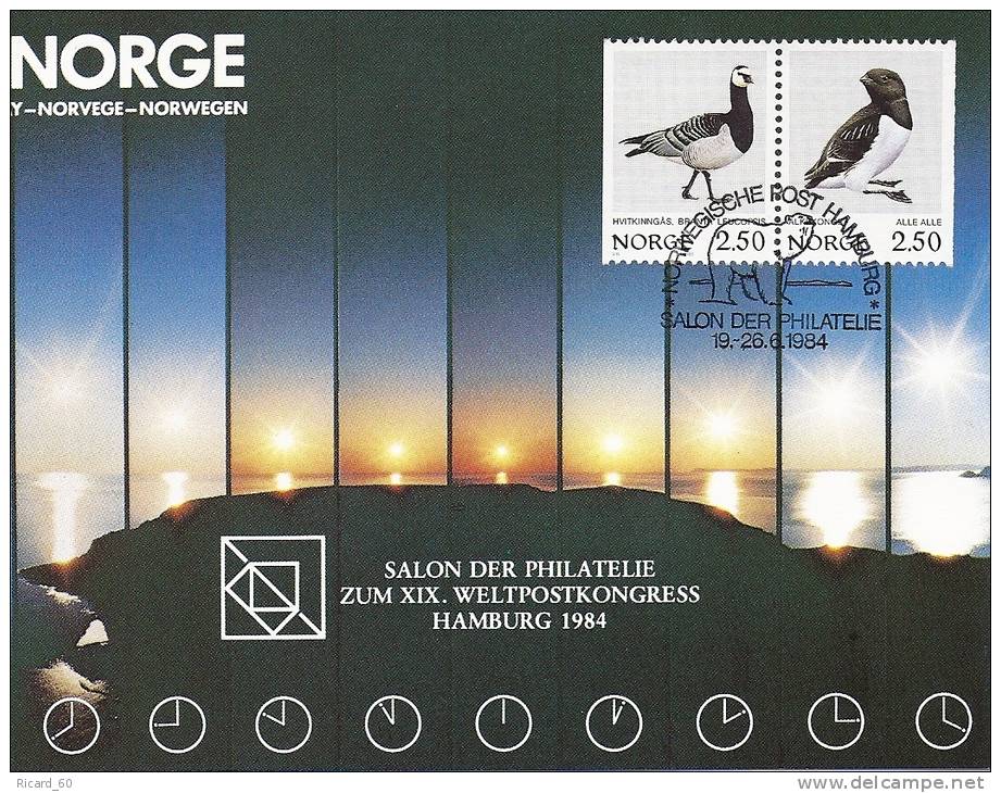 Carte Maximum Norvège, Exposition Philatélique Hamburg 1984,soleil De Minuit,midnight Sun, Oiseaux,ours,19-26-6-1984 - Maximumkarten (MC)