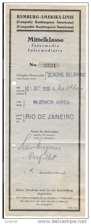 GENERAL BELGRANO - 1930 - HAMBURG-AMERIKA LINIE - COMPAÑIA HAMBURGUESA AMERICANA - Viaje Buenos Aires A Rio De Janeiro - World