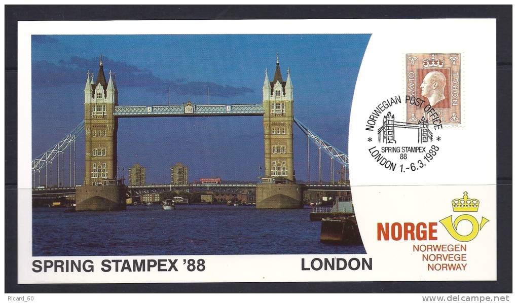 Carte Maximum Norvège, Exposition Philatélique Spring Stampex 88,london, Tower Bridge,1-6-3-1988 - Maximumkarten (MC)