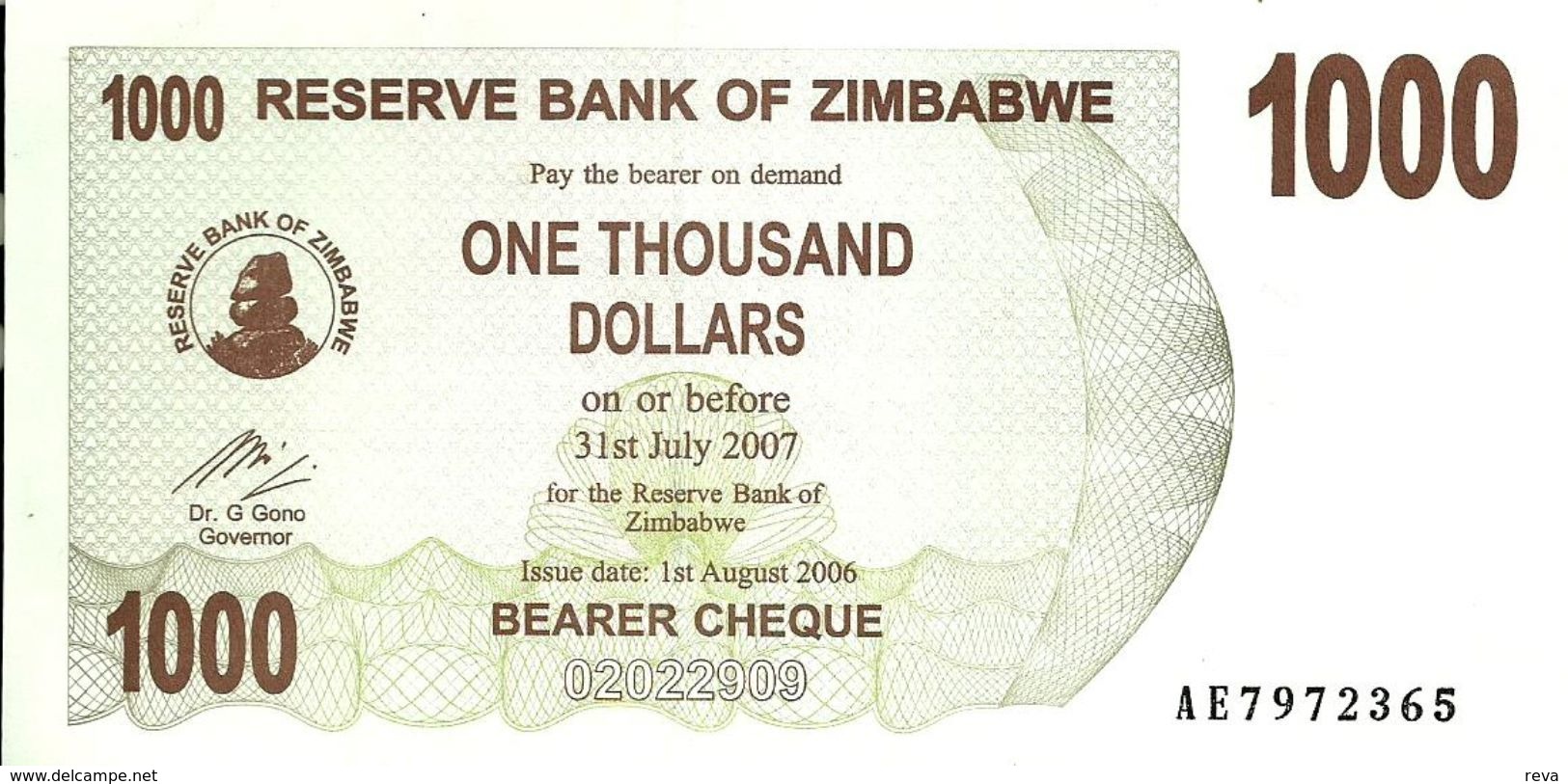 ZIMBABWE $1000 DOLLARS BROWN BEARER CHEQUE MOTIF FRONT LANDSCAPE BACK DATED 01-08-2006 UNC P.? READ DESCRIPTION - Simbabwe