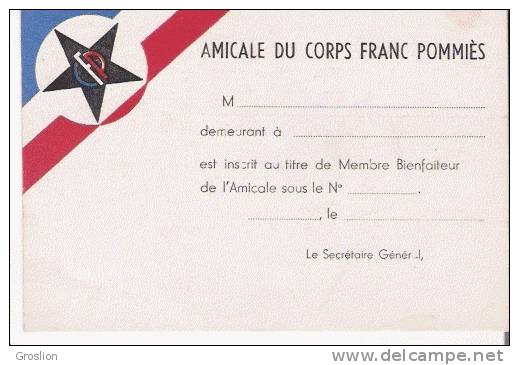 CARTE DE L'AMICALE DU CORPS FRANC POMMIES (RESISTANCE) - Guerre 1939-45