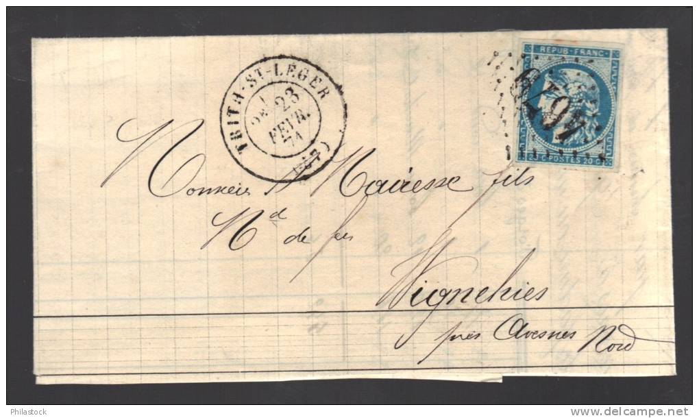 FRANCE 1871 N° 45 T II Rep. III Superbe Obl. S/Lettre Entiére GC 4679 C à D Trith St. Leger Indice 6 - 1870 Emisión De Bordeaux