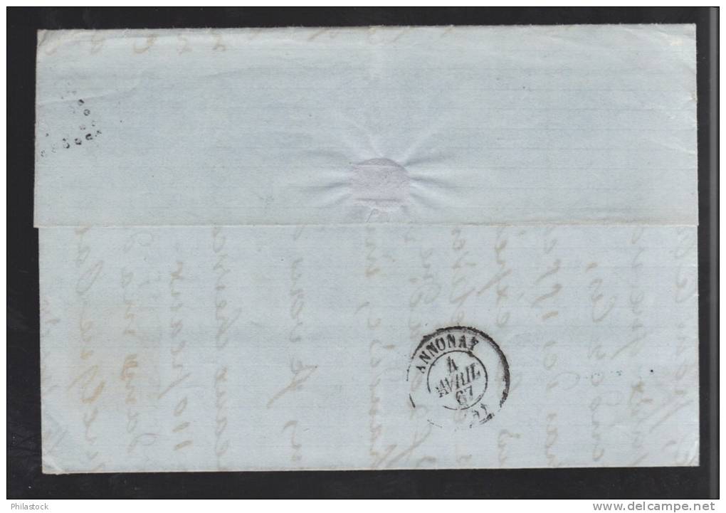 FRANCE 1867 N° 22 Obl. S/Lettre Entiére GC 2240 C à D Marseille - 1862 Napoleon III