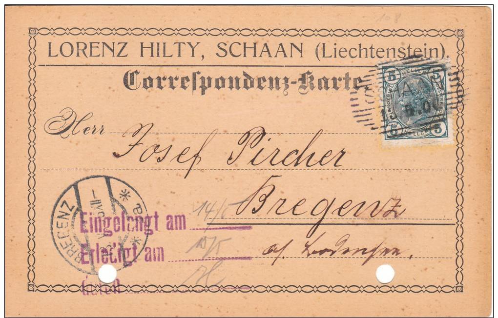 LIECHTENSTEIN VORLÄUFER Mit ÖSTERREICH 108 Auf Firmen-Correspondenzkarte Stempel SCHAAN;BREGENZ !!! SEHR,SEHR SELTEN !!! - ...-1912 Prefilatelia