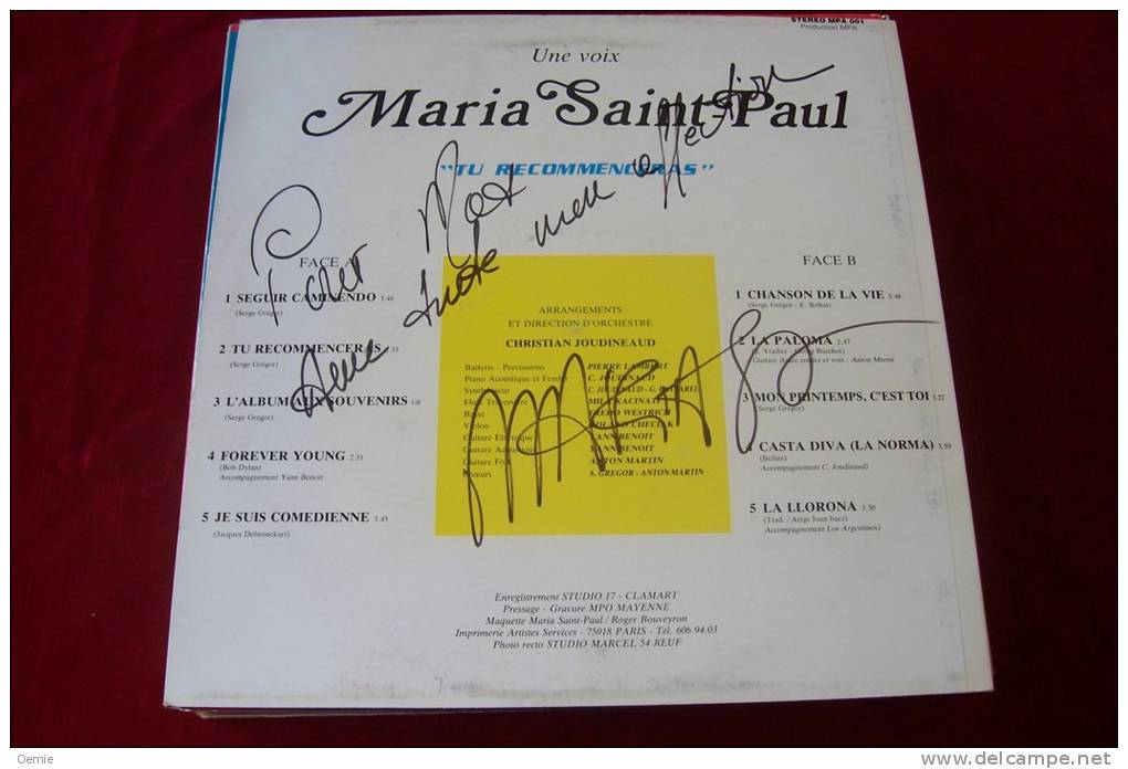 AUTOGRAPHE  SUR POCHETTE VINYLE  °°  MARIA SAINT PAUL  °  TU RECOMMENCERAS - Autographes