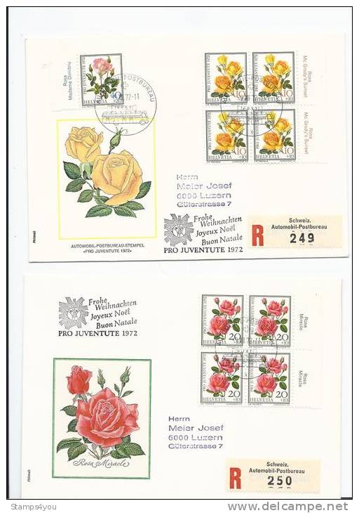 TH - 19011 - 4 Enveloppe Suisses Avec Timbres Roses - Pro Juventute 1972 En Blocs De 4 - Moblit Spéciale 1972 - Roses