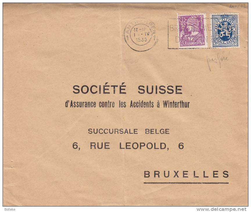 Perforés - Belgique - Lettre De 1935 ° - Valeur 50 Euros - Perfins
