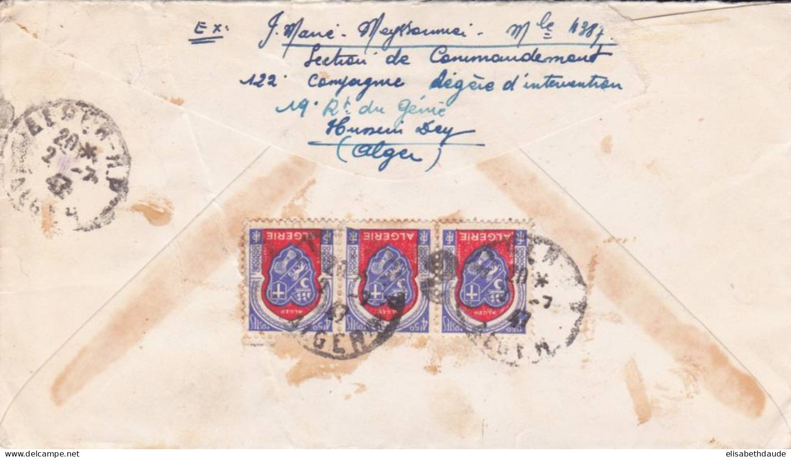 ALGERIE - 1947 - ENVELOPPE MILITAIRE (19°GENIE) RECOMMANDEE De HUSSEIN-DEY Par AVION Pour AIX EN PROVENCE - ARMOIRIES - Storia Postale