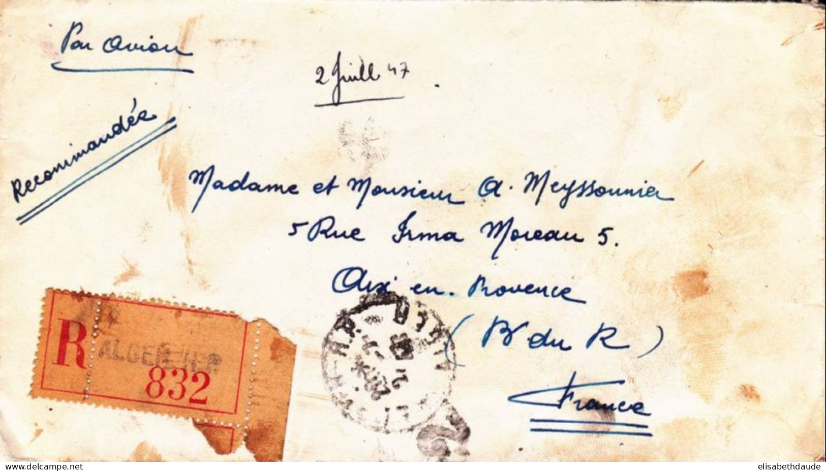 ALGERIE - 1947 - ENVELOPPE MILITAIRE (19°GENIE) RECOMMANDEE De HUSSEIN-DEY Par AVION Pour AIX EN PROVENCE - ARMOIRIES - Lettres & Documents