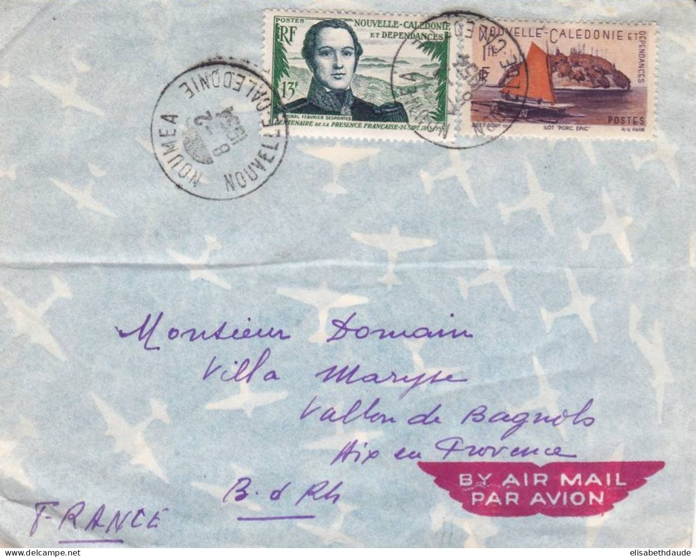 NOUVELLE CALEDONIE - 1954 - ENVELOPPE Par AVION De NOUMEA Pour AIX En PROVENCE - Brieven En Documenten