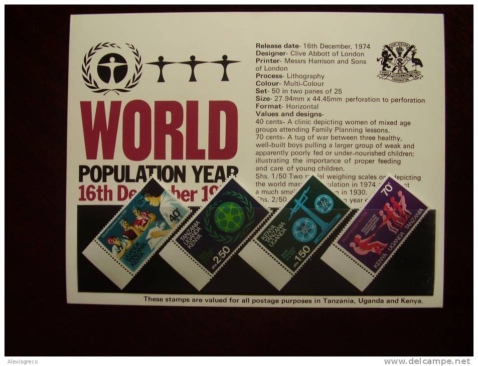 KUT 1974 WORLD POPULATION YEAR  FULL SET (4 Values) With PRESENTATION CARD. - Kenya, Uganda & Tanzania