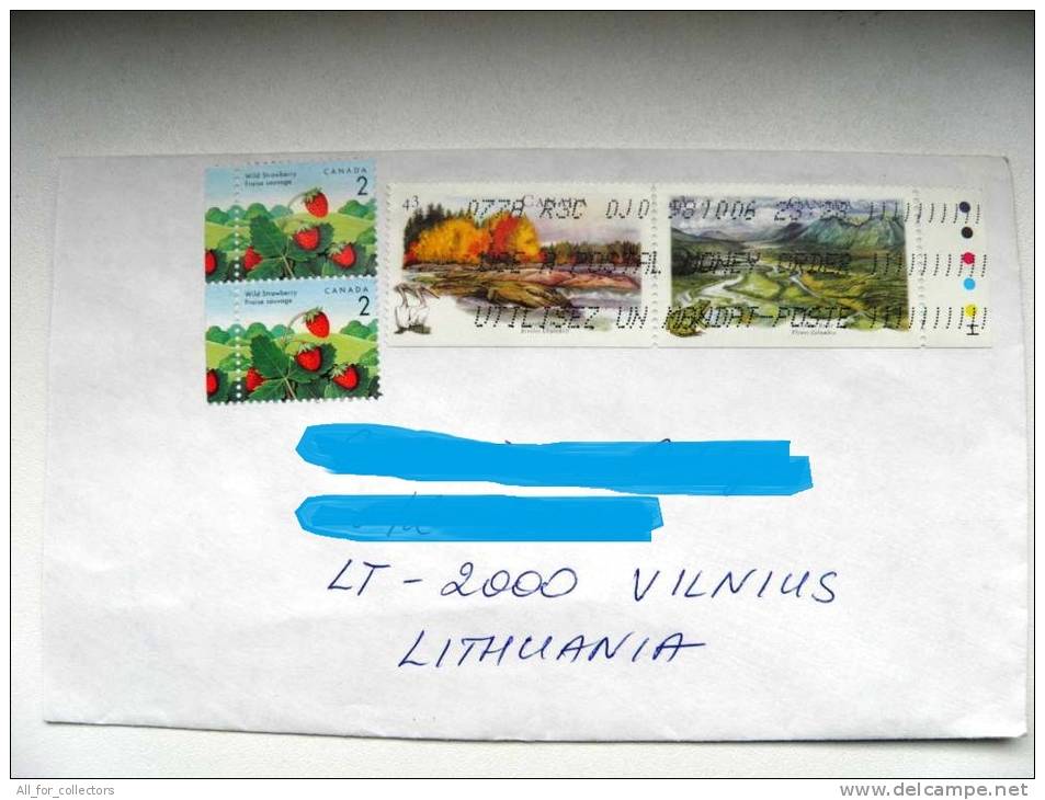 Cover Sent From Canada To Lithuania, Landscape, River, Mountains, Birds Pelicans, Strawberry - Enveloppes Commémoratives