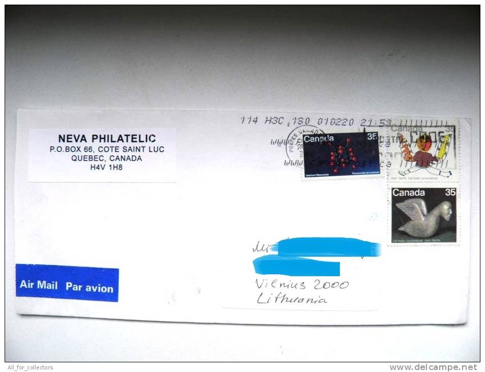 Cover Sent From Canada To Lithuania, Uranium Resources, Inuit Spirits, - Gedenkausgaben