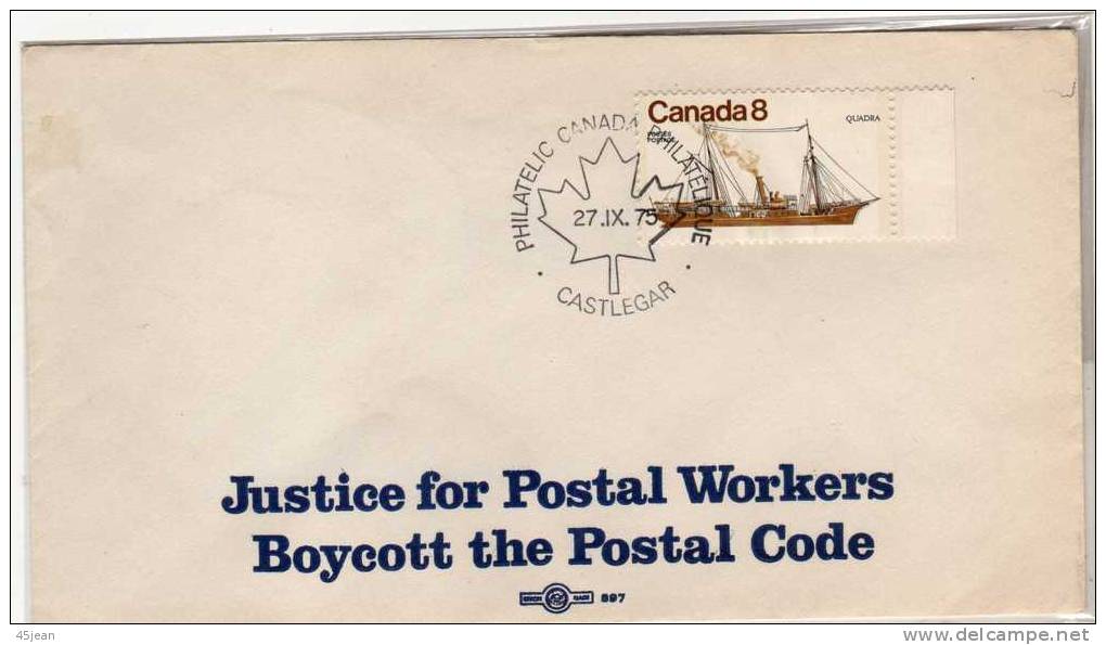 Canada: 1971 Enveloppe Avec Timbre Bateau "justice For Postal Workers !!!!! - Brieven En Documenten