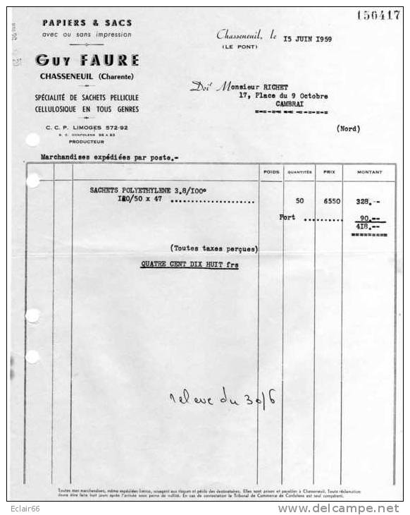 16  Chasseneuil      Facture   GUY FAURE     Papiers & Sacs Avec Ou Sans Impression Année1959 - Drukkerij & Papieren