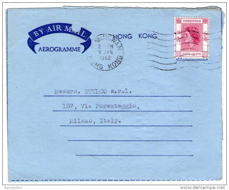 HONG KONG - AEROGRAMME TO ITALY 1962 / SHEUNGWAN CANCEL - Cartas & Documentos