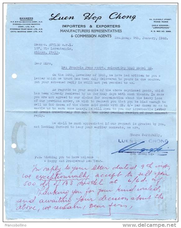 HONG KONG - AEROGRAMME TO ITALY 1962 / SHEUNGWAN CANCEL - Cartas & Documentos