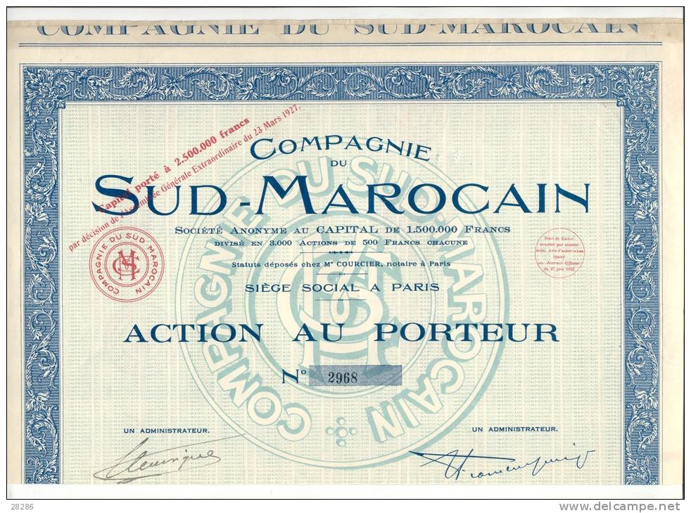 Compagnie Du SUD-MAROCAIN   Action   De 500F Au Porteur    Le 23 Mars 1927 A Paris - Other & Unclassified