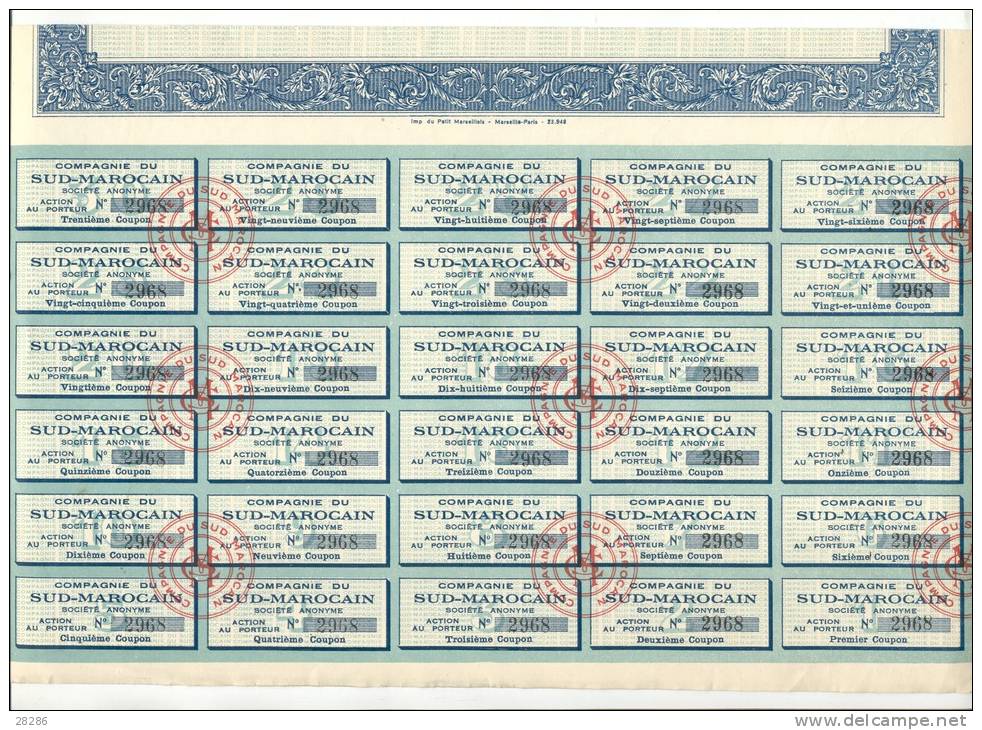 Compagnie Du SUD-MAROCAIN   Action   De 500F Au Porteur    Le 23 Mars 1927 A Paris - Other & Unclassified