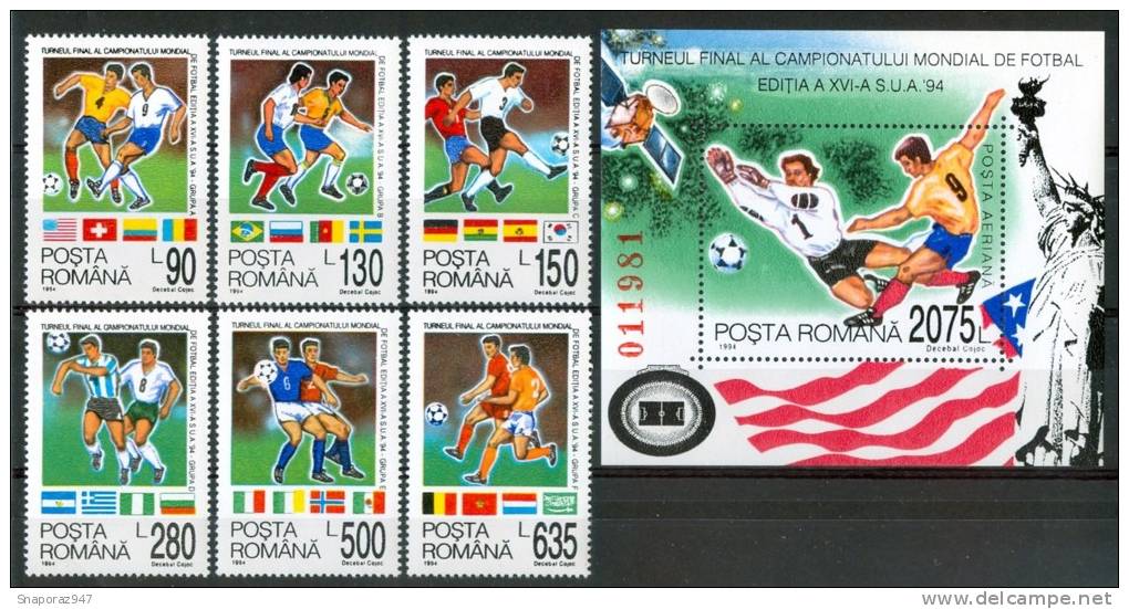 1994 Romania "USA 94" Coppa Del Mondo World Cup Coupe Du Monde Calcio Football Set + Block MNH** B510 - 1994 – États-Unis