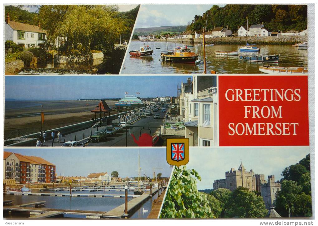 GREETINGS FROM SOMERSET - CHEDDAR MINEHEAD BURNHAM ON SEA BRIDGEWATER DUNSTER - CP ECRITE 2002 NON TIMBREE - Cheddar