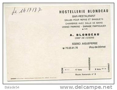 Carte Publicitaire - AIGUEPERSE (63) Hostellerie BLONDEAU - Bar - Restaurant - Aigueperse