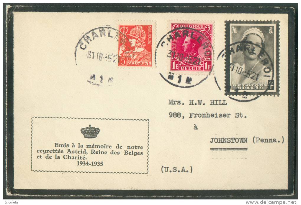 Lettre De Deuil Affr. Combiné Astrid Léopold III Et 5 Cent. Mercure Obl. Sc CHARLEROI 1 Vers Les USA - 7606 - 1932 Ceres En Mercurius