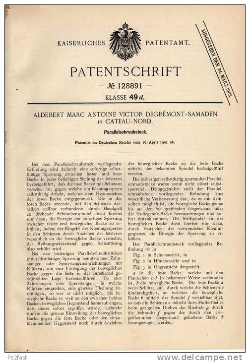 Original Patentschrift - A. Samaden à Le Cateau - Nord , 1901, Vice, Atelier !!! - Machines