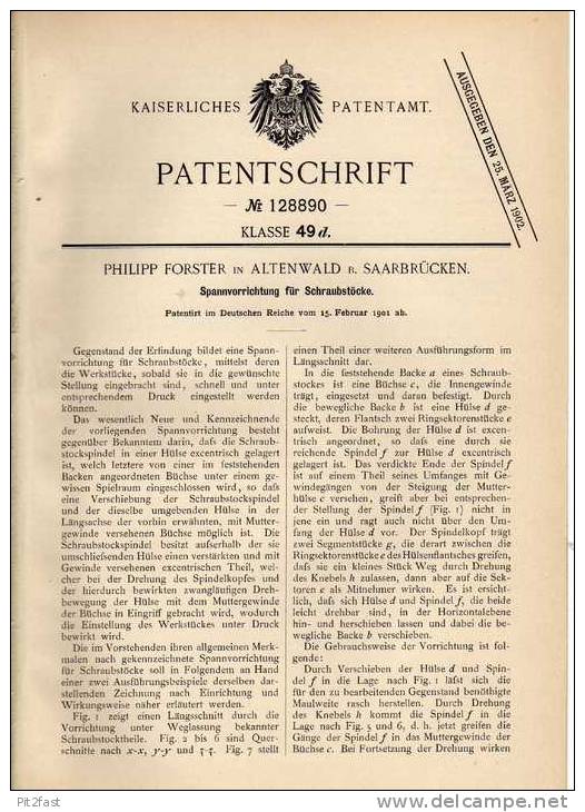 Original Patentschrift - P. Forster In Altenwald B. Saarbrücken , 1901 , Schraubstock , Werkstatt !!! - Macchine