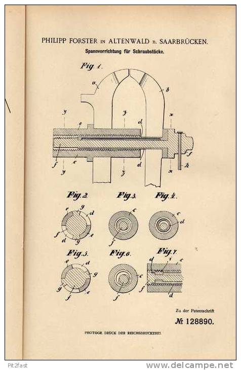 Original Patentschrift - P. Forster In Altenwald B. Saarbrücken , 1901 , Schraubstock , Werkstatt !!! - Tools