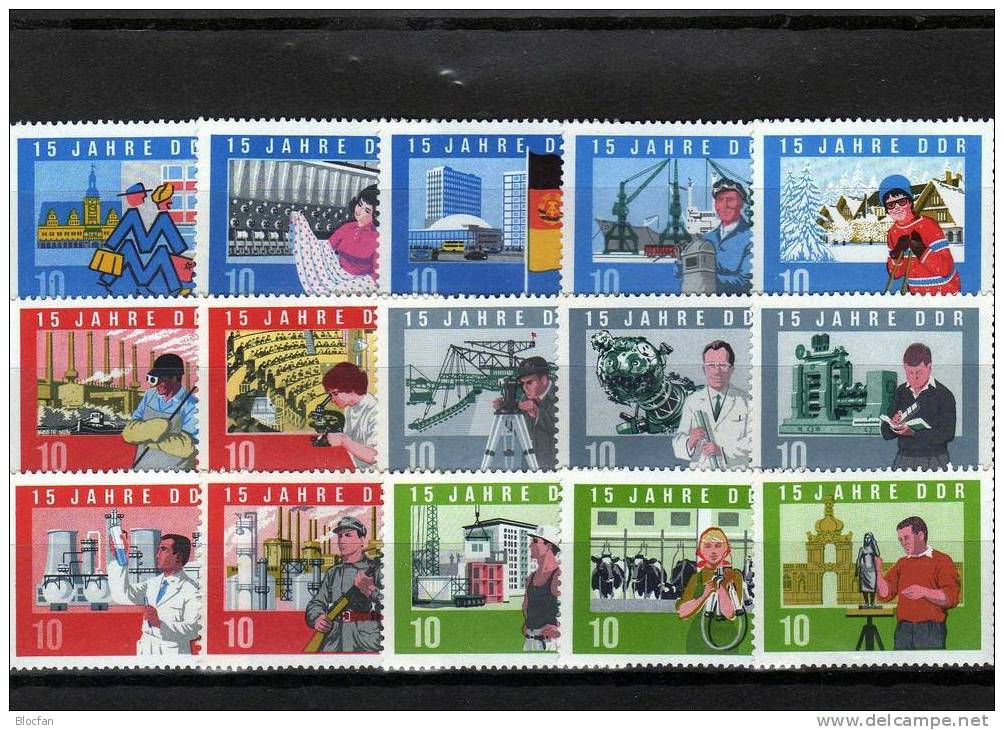 Zusammendrucke 15 Jahre DDR 1059/73A,B Plus 9ZD Aus Block 19 ** 120€ Regionen / Berufe Out Sheet Bf Of Germany - Se-Tenant