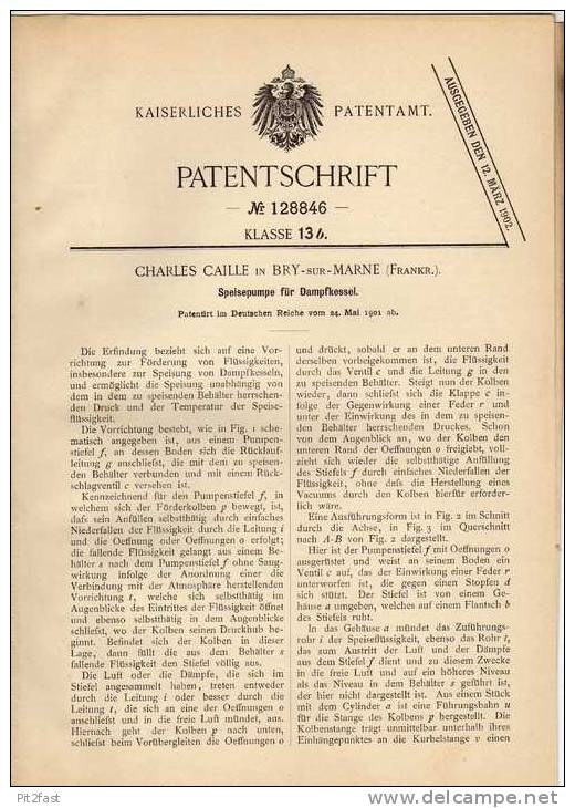 Original Patentschrift -  C. Caille In Bry Sur Marne , 1901 , Pumpe Für Dampfkessel !!! - Maschinen