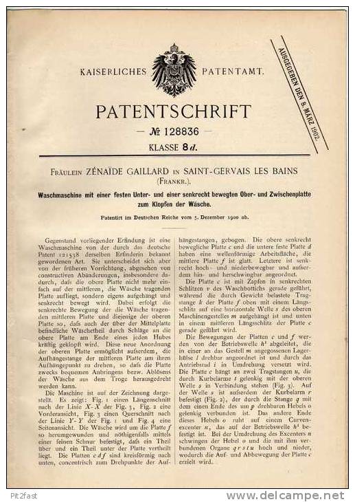 Original Patentschrift - Z. Gaillard In Saint - Gervais Les Bains , 1900 , Waschmaschine !!! - Maschinen