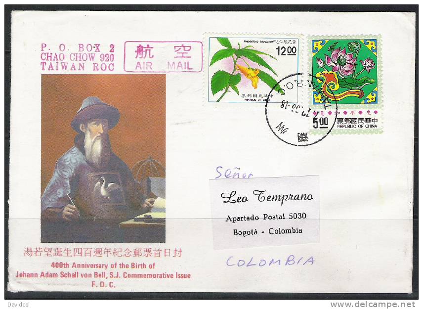 SA161.-.CHINA- TAIWAN- 1991 F.D.C. COVER TO BOGOTA- COLOMBIA. FLOWERS - IMPATIENS TAYEMONII - Gebraucht