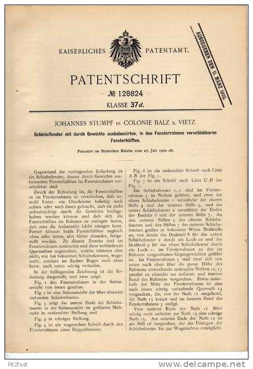 Original Patentschrift - J. Stumpf In Colonie Balz B. Vietz / Witnica , 1900 , Schiebefenster , Fenster , Fensterbau !!! - Architectuur