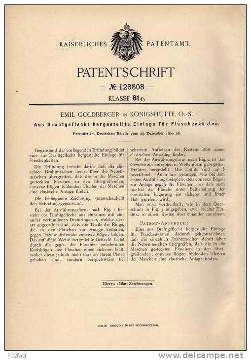 Original Patentschrift - E. Goldberger In Königshütte , 1900, Flaschenkasten , Bierkasten , Flaschen !!! - Historische Dokumente