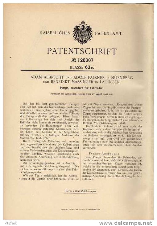 Original Patentschrift - A. Falkner In Lauingen Und Nürnberg , 1901 , Luftpumpe , Pumpe Für Fahrrad !!! - Machines