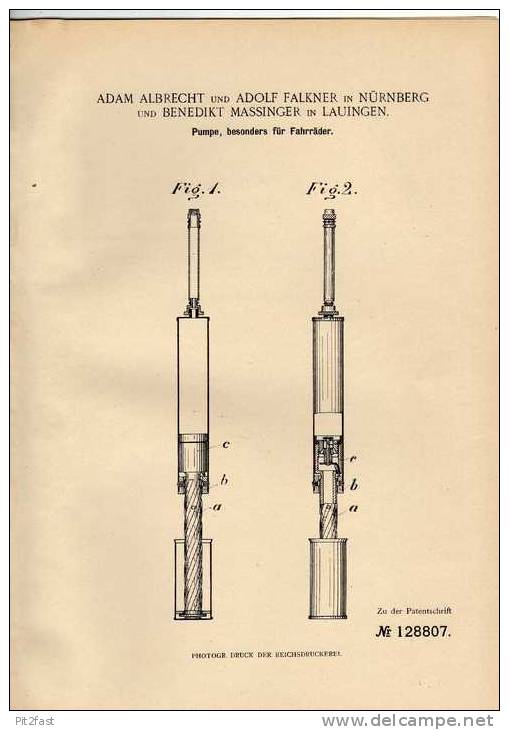 Original Patentschrift - A. Falkner In Lauingen Und Nürnberg , 1901 , Luftpumpe , Pumpe Für Fahrrad !!! - Machines