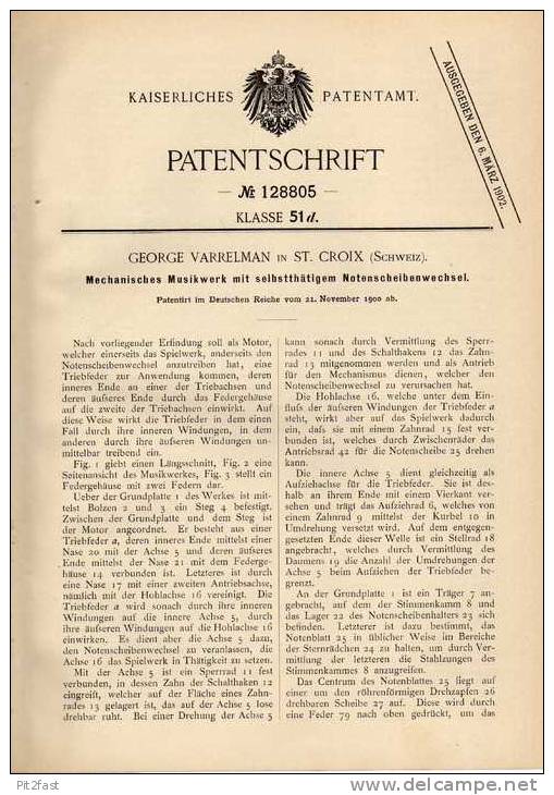 Original Patentschrift - G. Varrelman In St. Croix , 1900, Drehorgel , Musikwerk , Musik  !!! - Machines