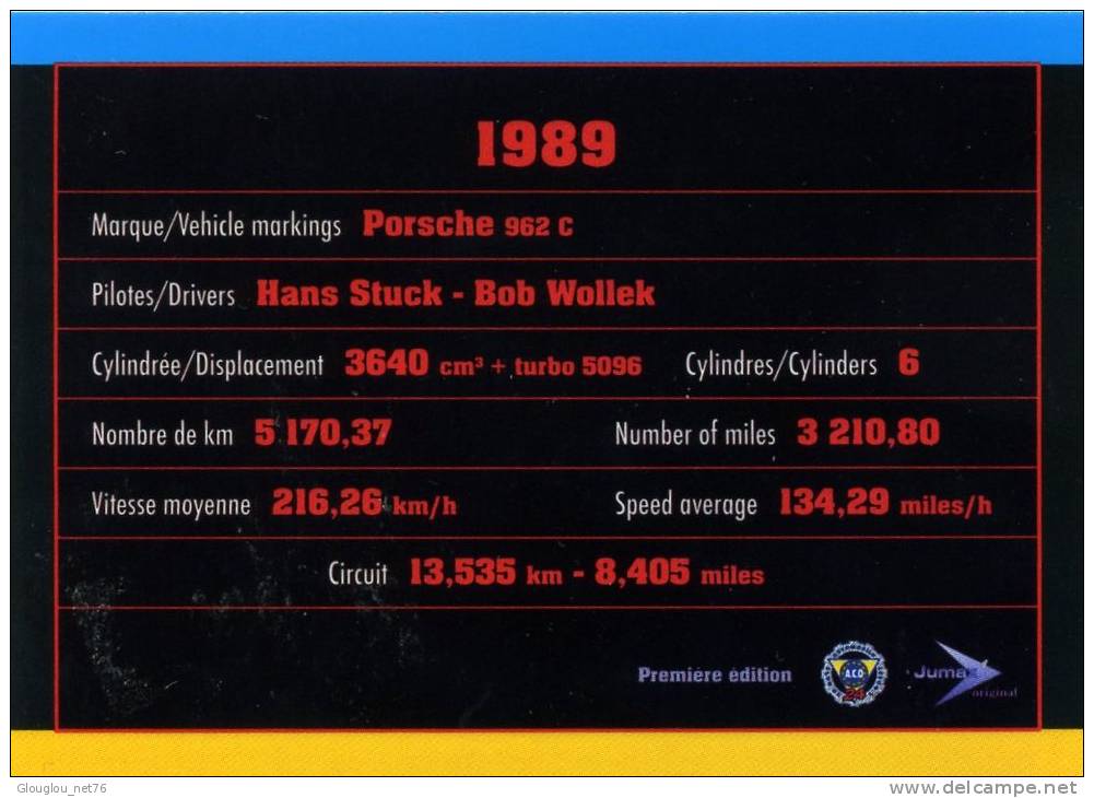 CARTE MODERNE DIMENSION 8,8/6,3 CM...LES 24 HEURES DU MANS...1989 PORSCHE 962 C - Autres & Non Classés