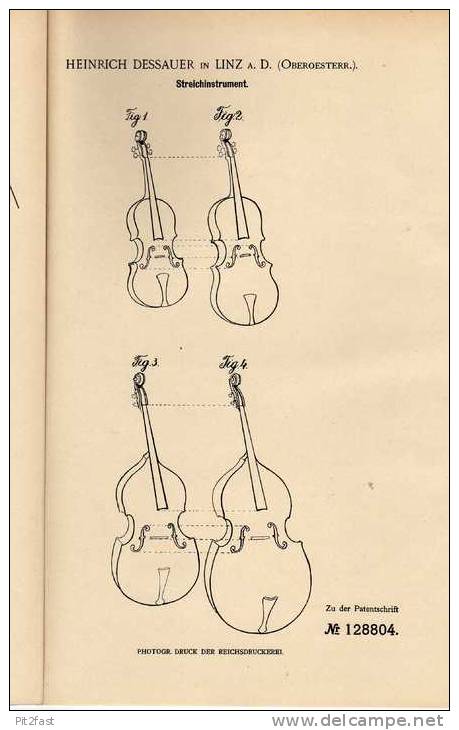 Original Patentschrift - H. Dessauer In Linz A. D, 1901, Geige , Violine , Stradivari  !!! - Instruments De Musique