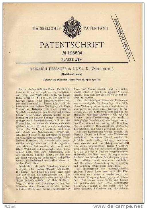 Original Patentschrift - H. Dessauer In Linz A. D, 1901, Geige , Violine , Stradivari  !!! - Musikinstrumente