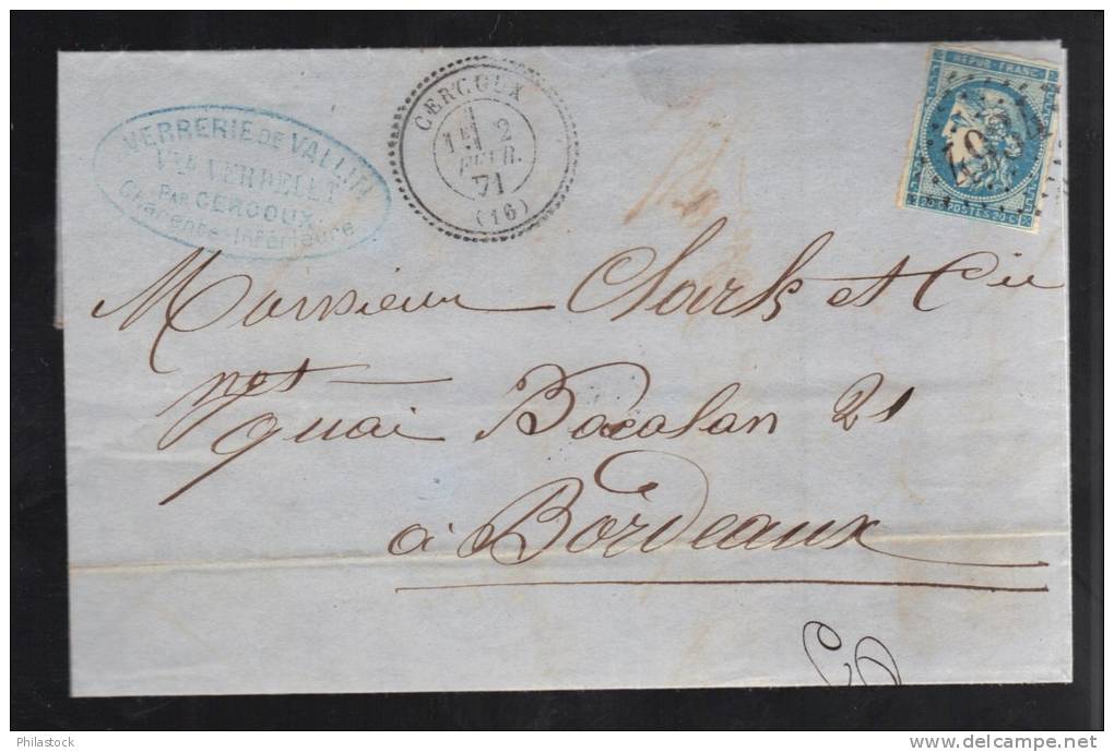 FRANCE 1871 N° 45 (défaut) Obl. S/lettre Entiére GC 4934 & C à D Perlé Cercoux Indice 16 - 1870 Bordeaux Printing