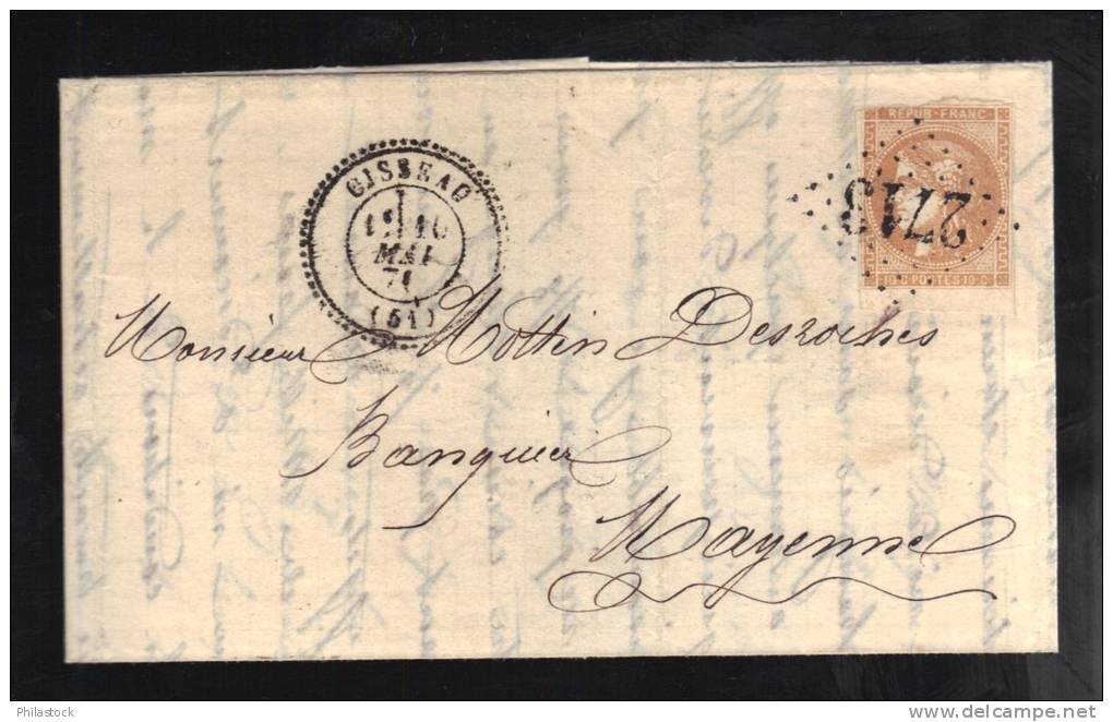 FRANCE 1871 N° 43 (défaut)  Obl. S/lettre Entiére GC 2713 & C à D Perlé Oisseau Indice 15 - 1870 Emisión De Bordeaux