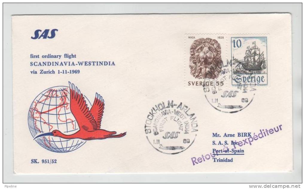 Sweden First SAS Ordinary Flight Scandinavian - Westindia 1-11-1969 - Covers & Documents