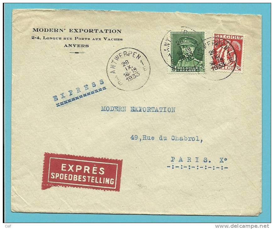 323+339 Op Brief Per EXPRES Met Stempel ANTWERPEN 1E, Verso Ambulant BRUXELLES A PARIS B - 1932 Ceres And Mercurius