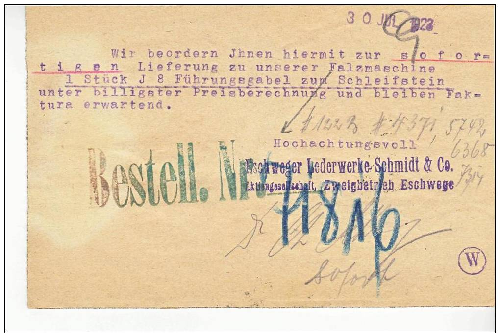 04   B6  - Postkarte 268a + 241 MiF V. Eschwege N Frankfurt  28.7.1923 -Ersatzteile - Covers & Documents
