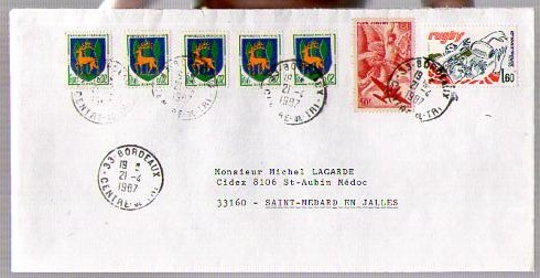 France Lettre CAD Bordeaux 21-04-1987 / TP  P.A. Poste Aérienne 17 Iris + 2236 Rugby + 1351B Armoiries Guéret X 5 - 1960-.... Matasellados