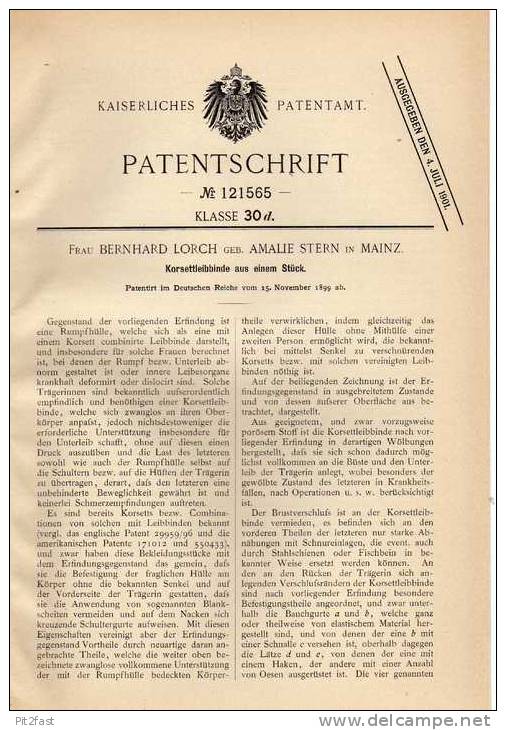 Original Patentschrift - B. Lorch In Mainz , 1899 , Korsett Leibbinde , Kleidung !!! - Before 1900