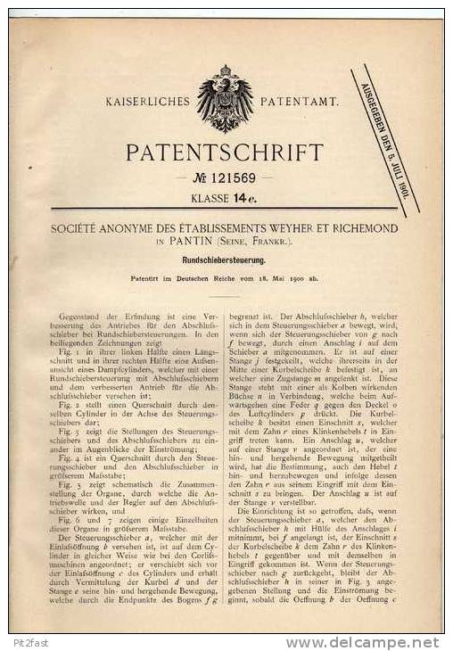 Original Patentschrift - W. Et Richemond In Pantin , Seine , 1900, Rundschiebersteuerung , Dampfcylinder !!! - Maschinen